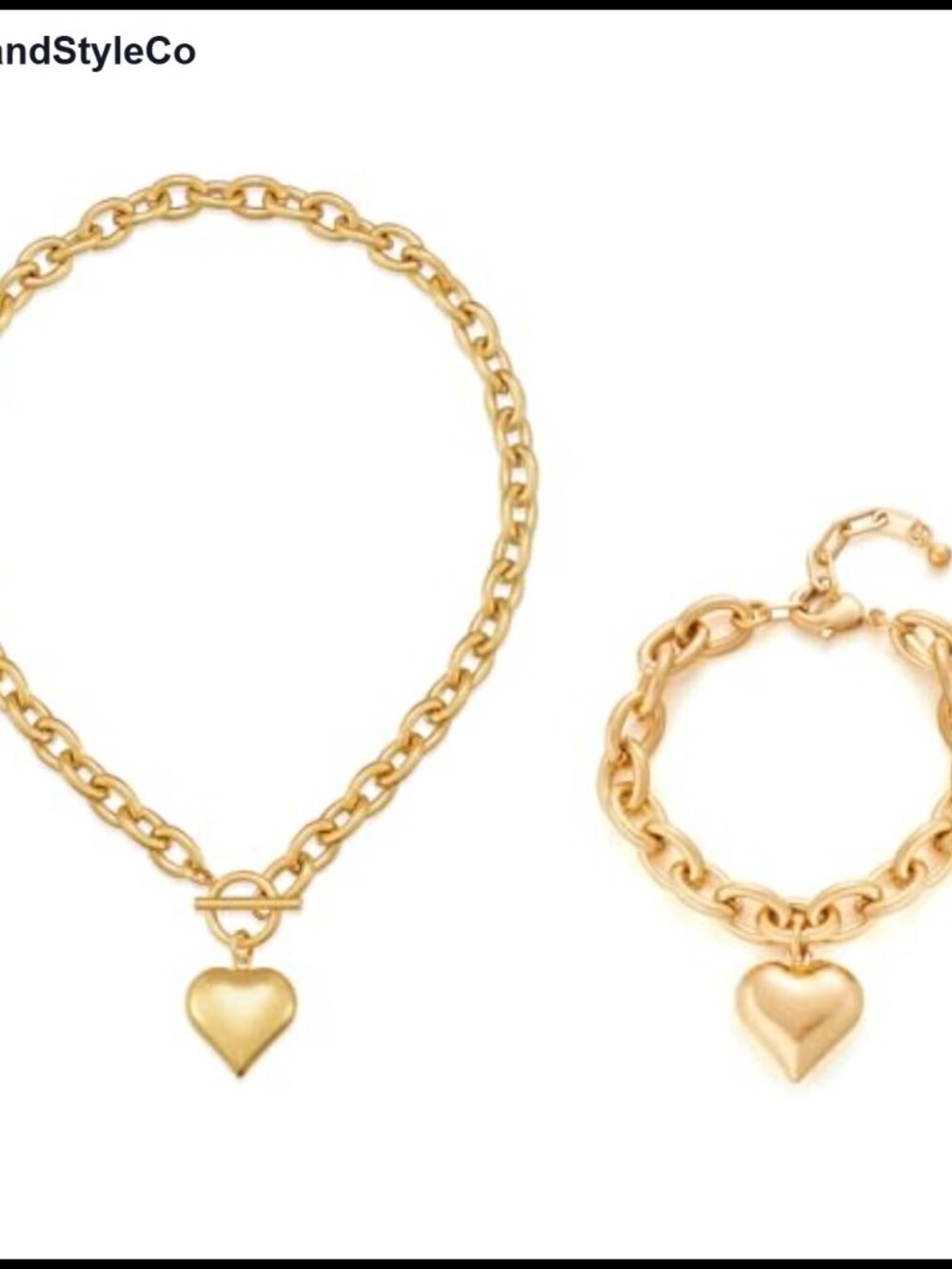 Gold Chunky Heart Pendant Necklace & Link Bracelet Set